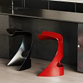 Modern Black And Red Bar Stools With Sleek Design By Dark Countertop And Cabinets