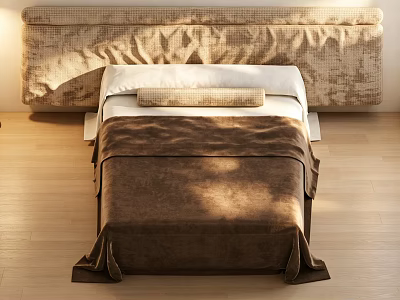 Double Bed With Upholstered Headboard Brown Blanket And White Sheets On Wooden Floor 3d model
