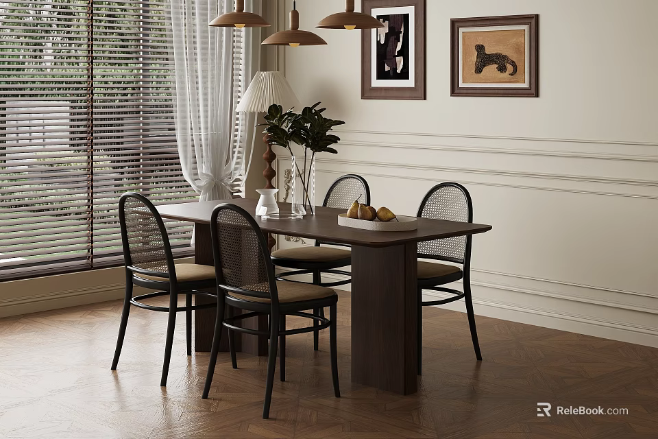 Cozy Dining Room Interior With Dining Table Chairs Pendant Lights Framed Paintings And Herringbone Floor 3d model 