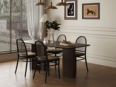 Cozy Dining Room Interior With Dining Table Chairs Pendant Lights Framed Paintings And Herringbone Floor 3d model