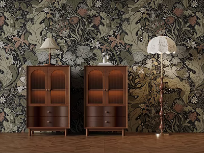 Vintage Interior Space With Floral Wallpaper Two Wooden Cabinets Floor Lamp And Wooden Floor 3d model