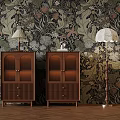 Vintage Interior Space With Floral Wallpaper Two Wooden Cabinets Floor Lamp And Wooden Floor
