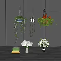 Stylish Hanging Basket Plants Decorating Black Wall With Wooden Floor And White Flowers