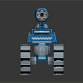 Blue Tracked Military Vehicle With Top Mounted Cannon And Mechanical Structure