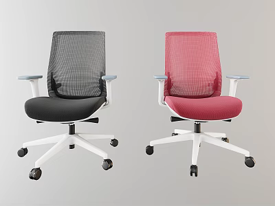 Two Modern Office Chairs Black Red Mesh Back With Blue Armrests White Base Wheels 3d model