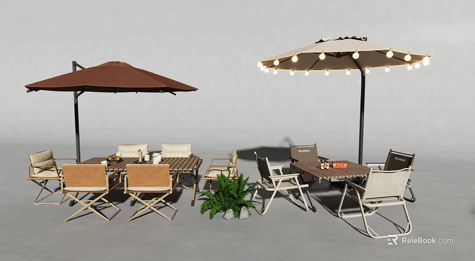 Outdoor Table and Chair Set With Umbrella String Lights Fire Pit and Plants 3d model