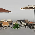 Outdoor Table and Chair Set With Umbrella String Lights Fire Pit and Plants 3d model