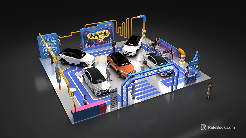 City Center Car Exhibition Display Booth With Multiple Vehicles And Decorations 3d model 