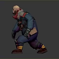 Bald Bearded Muscular 3D Character With Blue Coat Red Scarf And Mechanical Gloves