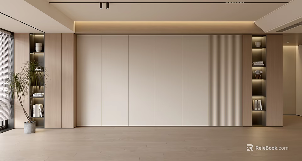 Modern Accent Wall With Beige Flat Panels Wooden Trim And LED Strip Lighting 3d model 