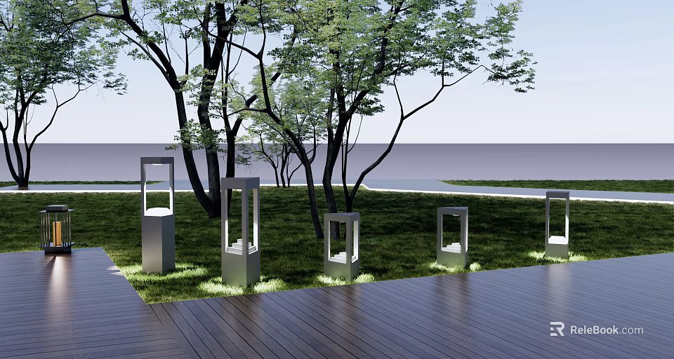 Illuminated Outdoor Lights In Grass Area With Trees Near Wooden Deck 3d model 