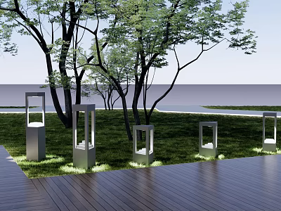 Illuminated Outdoor Lights In Grass Area With Trees Near Wooden Deck 3d model