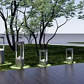 Illuminated Outdoor Lights In Grass Area With Trees Near Wooden Deck
