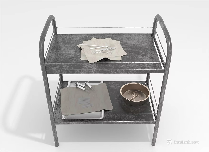 Medical Equipment Two-Tier Metal Cart With Tools Papers Tray And Container 3d model 