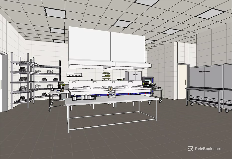 Commercial Kitchen Interior With Ceiling Lights White Tiled Walls Metal Shelves Worktable And Range Hood 3d model 