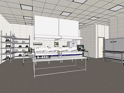 Commercial Kitchen Interior With Ceiling Lights White Tiled Walls Metal Shelves Worktable And Range Hood 3d model