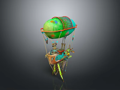 Colorful Green Hot Air Balloon With Mesh Design And Decorative Basket 3d model
