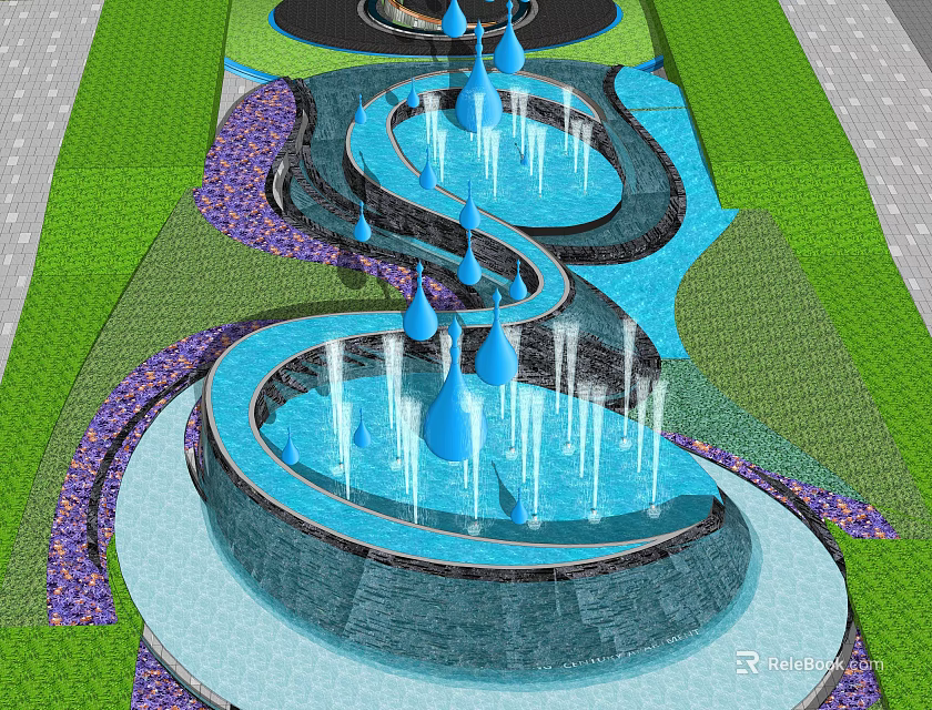 Water Feature Wall With Spiral Pool Blue Drop Decorations And Green Plants 3d model 
