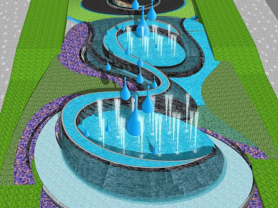 Water Feature Wall With Spiral Pool Blue Drop Decorations And Green Plants 3d model