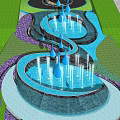 Water Feature Wall With Spiral Pool Blue Drop Decorations And Green Plants