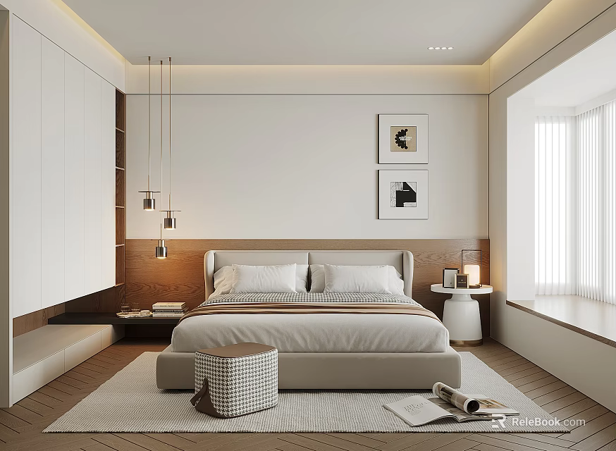 Modern Bedroom Design With White Wardrobes Pendant Lights Framed Artworks Wooden Flooring And Window Seat 3d model 