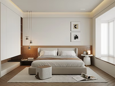 Modern Bedroom Design With White Wardrobes Pendant Lights Framed Artworks Wooden Flooring And Window Seat 3d model