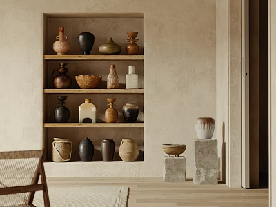 Rustic Ceramic Vessels Including Bowls And Vases On Wooden Shelf With Natural Light 3d model