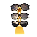 Yellow Three Tier Display Stand With Black Sunglasses And Reflective Lenses