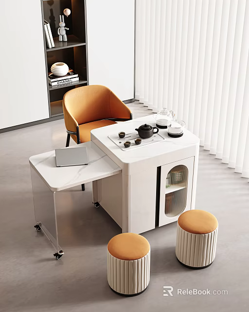 Modern Tea Table and Chairs with White Surface Orange Chair Stools Tea Set and Laptop 3d model