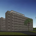 Modern White Multi Story School Building With Many Windows Green Lawn Trees And Blue Sky