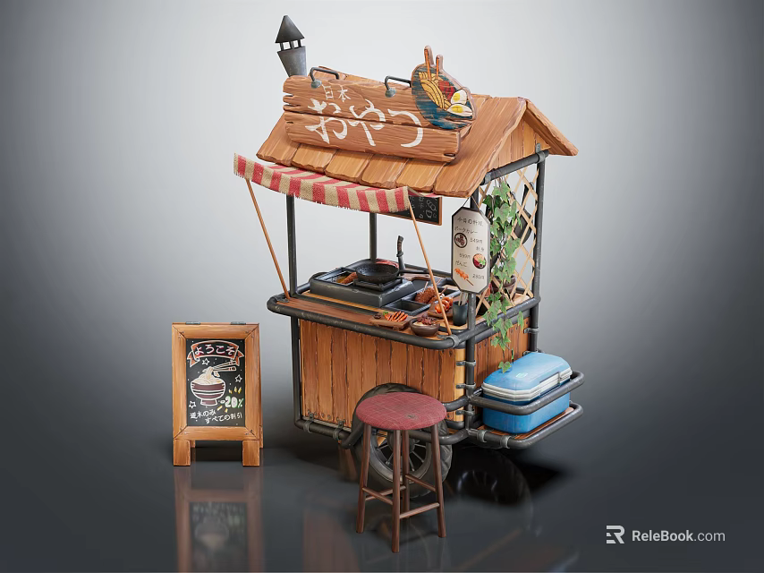 Small Wooden Food Stall With Striped Awning Chalkboard Menu And Red Stool 3d model 