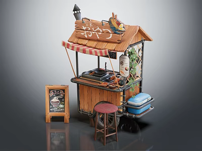 Small Wooden Food Stall With Striped Awning Chalkboard Menu And Red Stool 3d model