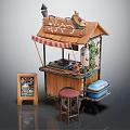 Small Wooden Food Stall With Striped Awning Chalkboard Menu And Red Stool