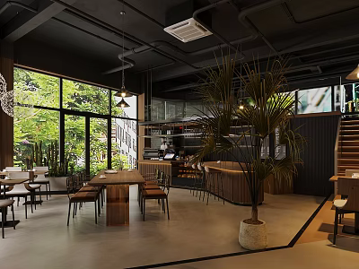 Bright Modern Café Interior With Large Windows Natural Light Bar Counter And Plant Decor 3d model
