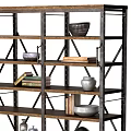 Industrial Metal Frame Shelf Unit With Wooden Shelves Books Clay Pots And Bowls