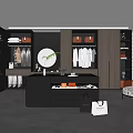 Modern Walk in Closet Design With Hanging Clothes Storage Baskets Central Counter Mirror Bags Shoes