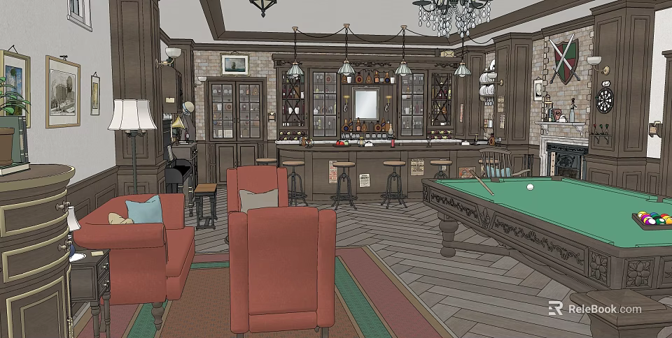 Billiard Room Interior With Vintage Wooden Decor Red Sofas Bar Counter And Chandeliers 3d model 