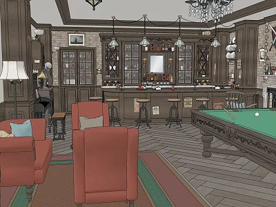 Billiard Room Interior With Vintage Wooden Decor Red Sofas Bar Counter And Chandeliers 3d model