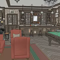 Billiard Room Interior With Vintage Wooden Decor Red Sofas Bar Counter And Chandeliers