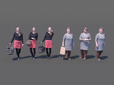 Group of Women Carrying Shopping Baskets and Holding Paper Bags 3d model