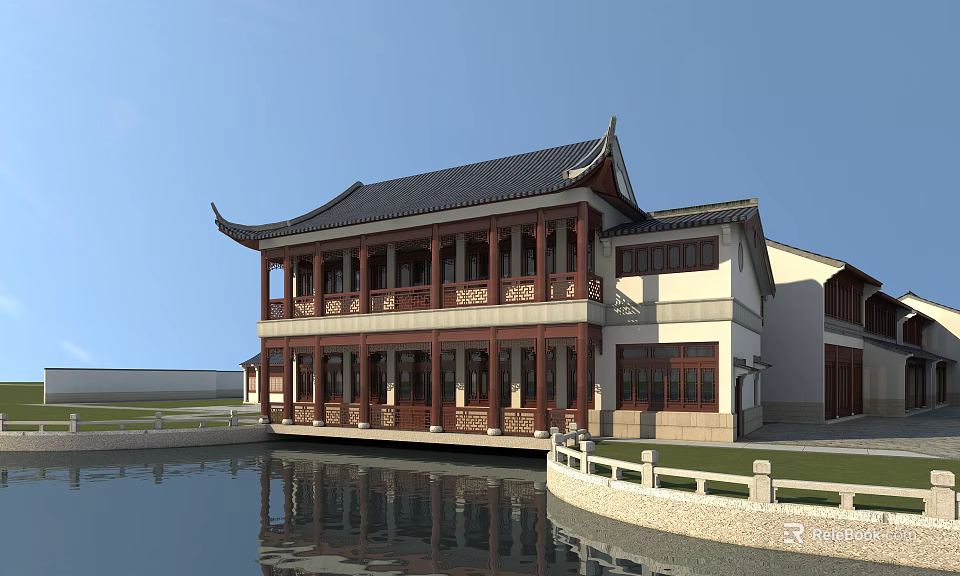 Traditional Ancient Architecture With Overhanging Eaves Red Pillars And Pond Reflections 3d model