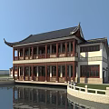 Traditional Ancient Architecture With Overhanging Eaves Red Pillars And Pond Reflections 3d model