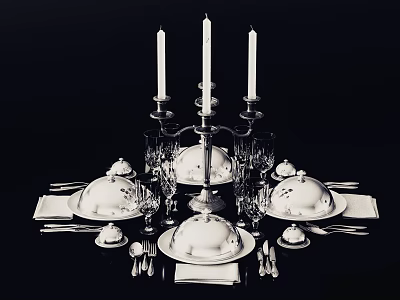 Elegant Formal Dinnerware Set With White Porcelain Plates Bowls Goblets And Candle Sticks 3d model