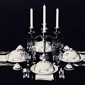 Elegant Formal Dinnerware Set With White Porcelain Plates Bowls Goblets And Candle Sticks