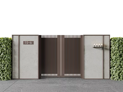 Double Gate Exterior With Gray Walls Green Hedges Vertical Slats 15-0 Number and Wall Lamp 3d model