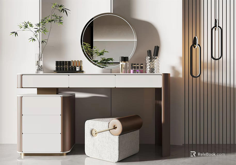 Elegant Modern Dressing Table With Round Mirror Stool And Cosmetics 3d model 