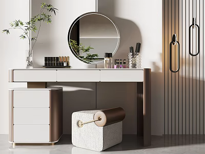 Elegant Modern Dressing Table With Round Mirror Stool And Cosmetics 3d model