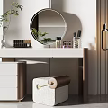 Elegant Modern Dressing Table With Round Mirror Stool And Cosmetics 3d model