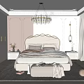 Modern Bedroom Interior Design With Crystal Chandelier Gold Headboard Beige Bedding Nightstands Vase And Flowers
