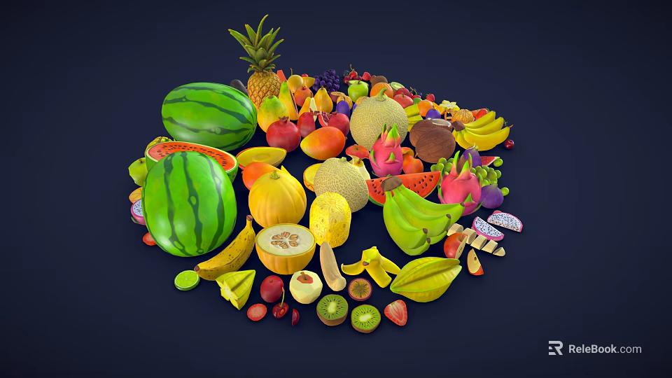 Colorful Variety of Fresh Fruits With Watermelon Pineapple Banana Mango And Berries 3d model 
